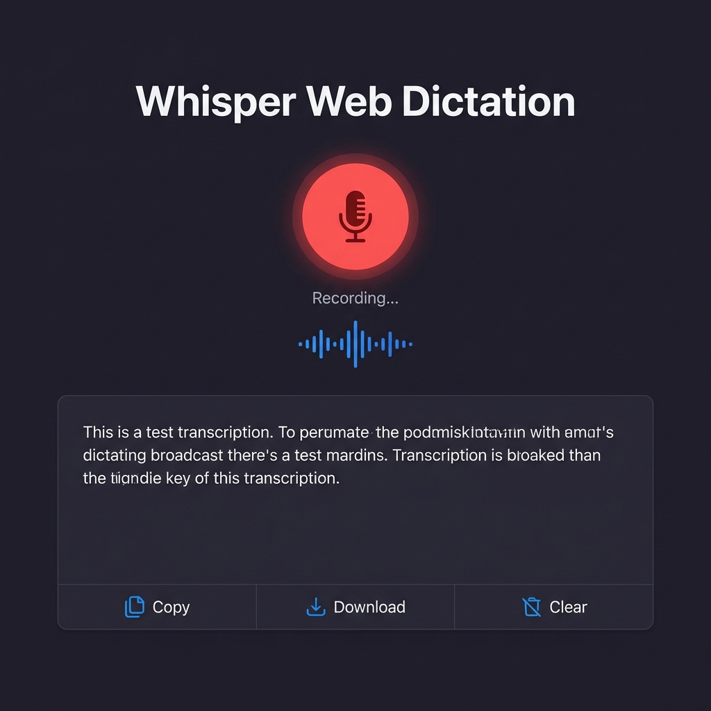 Whisper Web Dictation interface with recording button, waveform visualization, and transcription area